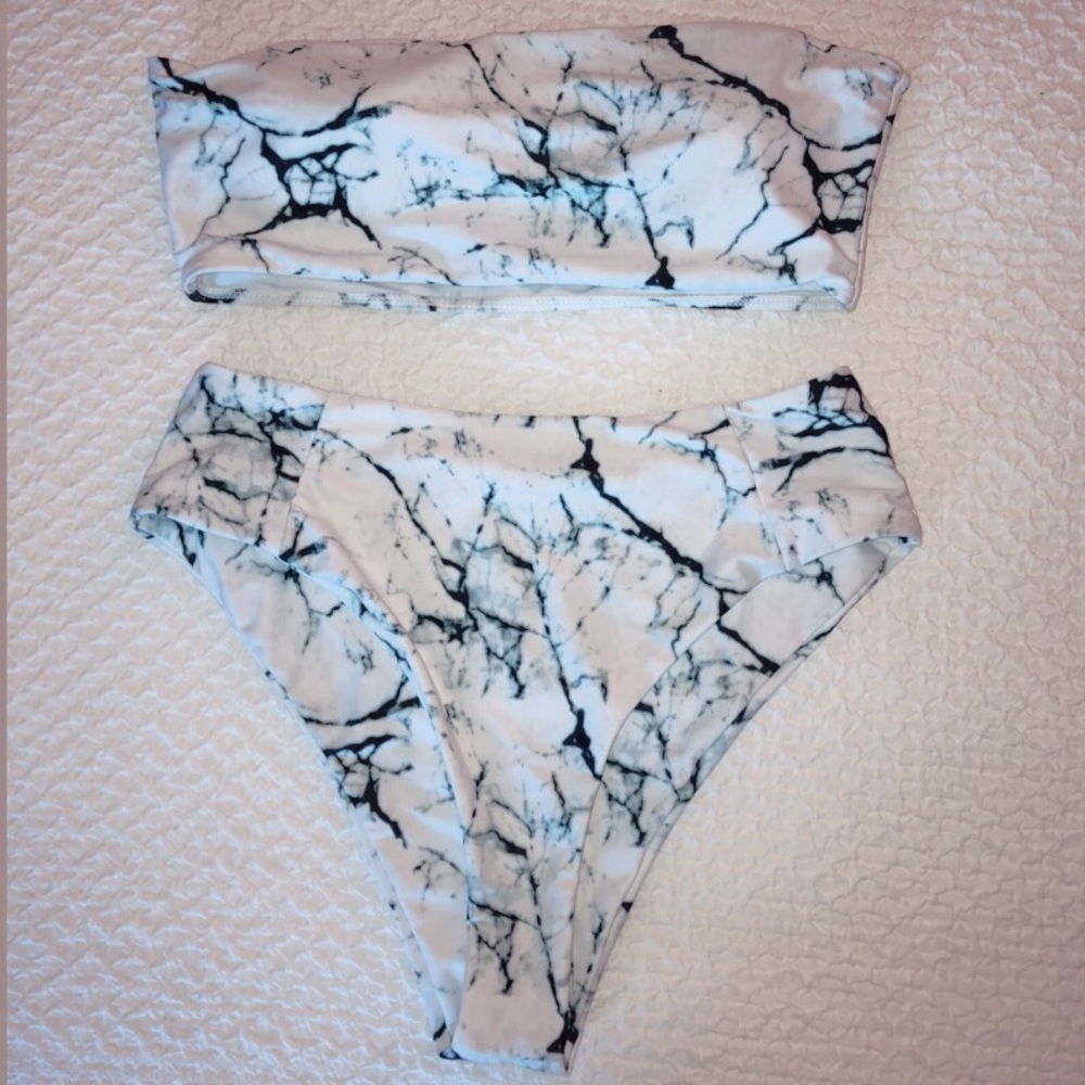 marble bandeau & high waisted swim suit